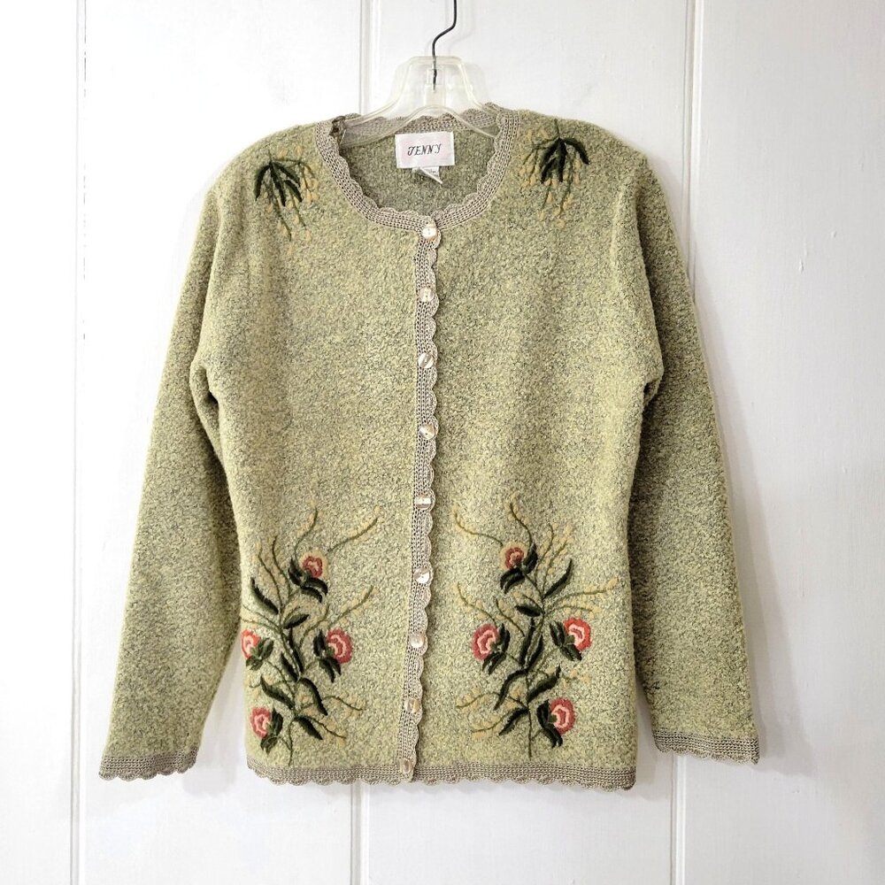 Embroidered Cottagecore Sweater with Crocheted Trim Size Medium